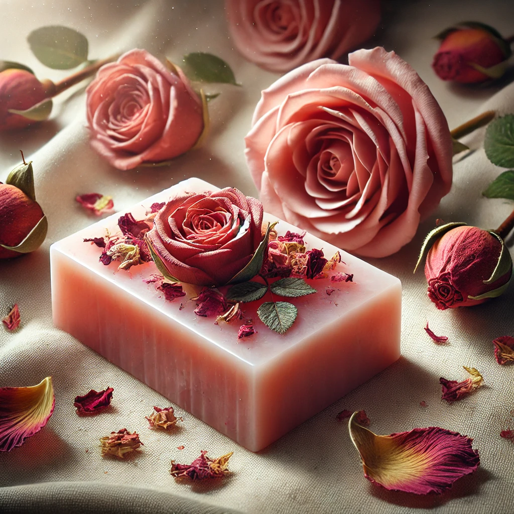 DALL·E 2025-01-11 00.08.24 - A realistic and artistic image of handmade rose soap bars. The soap bars are pink with embedded dried rose petals, placed on a soft, luxurious backgro