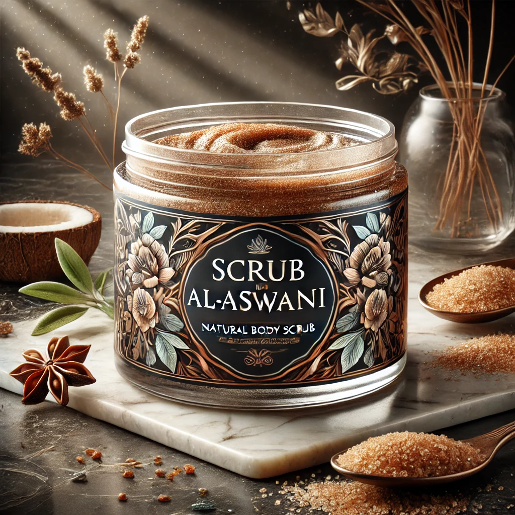 DALL·E 2025-01-11 13.25.10 - A breathtaking and artistic packaging design for a luxurious natural body scrub labeled 'Scrub Al-Aswani'. The jar is clear glass with a stunning labe