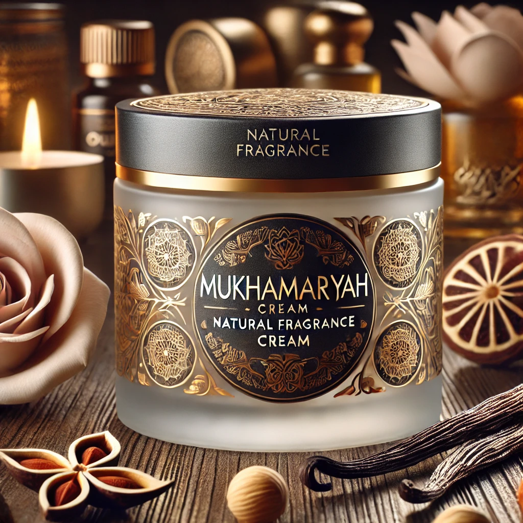 DALL·E 2025-01-11 14.40.32 - A luxurious and elegant packaging design for a natural fragrance cream labeled 'Mukhammariyah'. The jar is frosted glass with a sleek label featuring