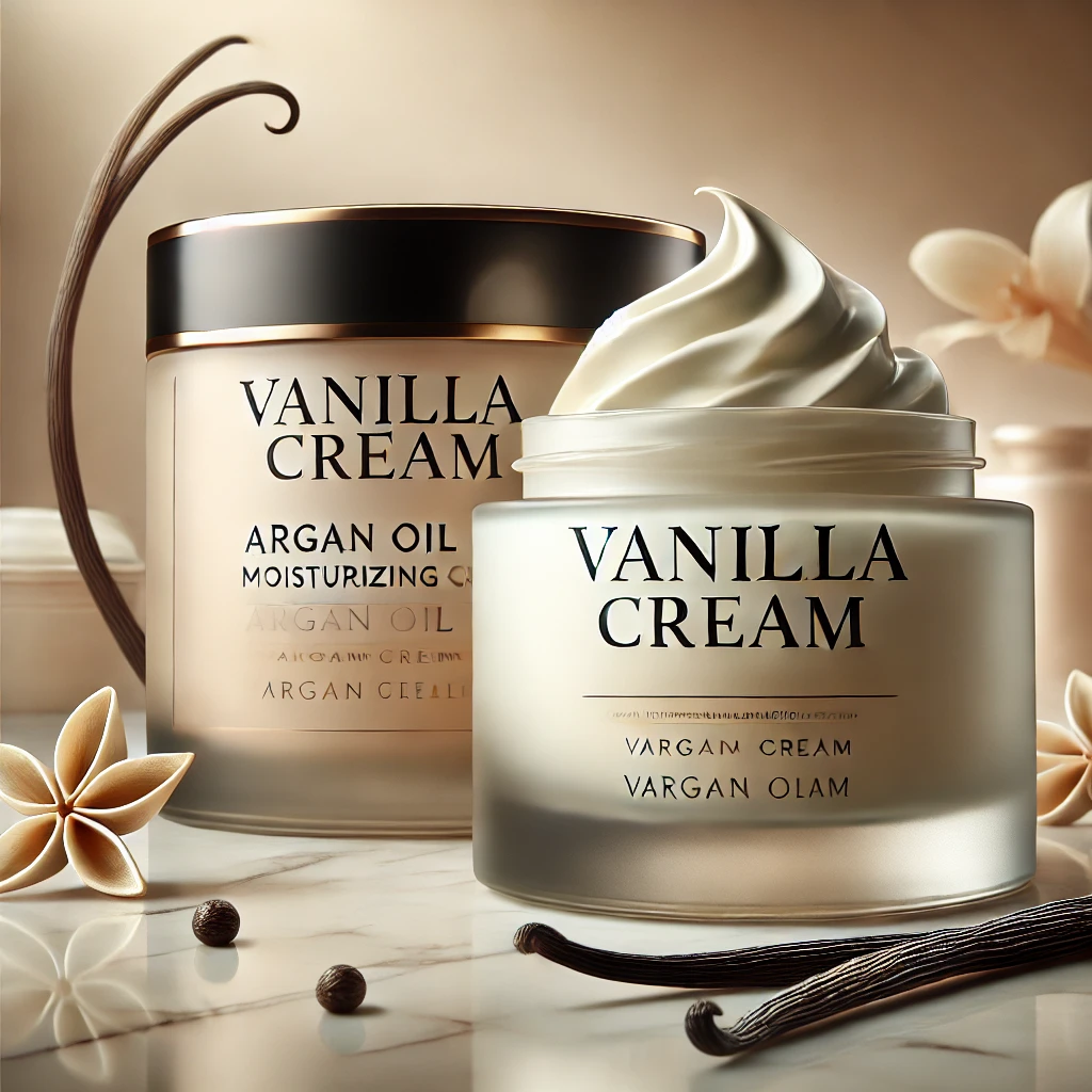 DALL·E 2025-01-11 16.40.49 - A luxurious and cohesive packaging design for a vanilla-scented moisturizing cream, matching the style of the Argan Oil Cream design. The jar is frost