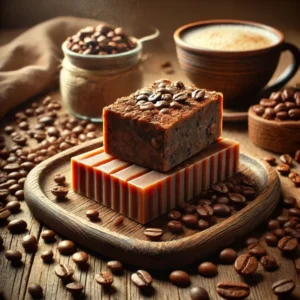 DALL·E-2025-01-11-00.12.00-A-realistic-and-elegant-image-of-handmade-coffee-soap-bars.-The-soap-bars-are-brown-with-visible-coffee-granules-placed-on-a-rustic-wooden-tray-surro-768x768
